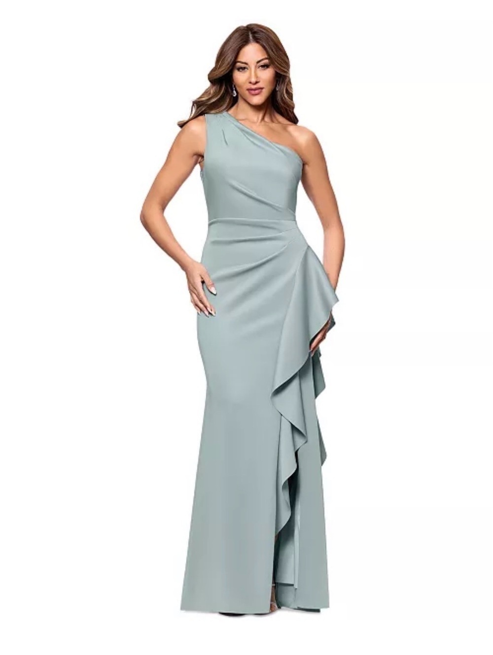 Xscape One-Shoulder Sage One Shoulder Ruffled Gown sz 10 NWT Formal Evening Prom